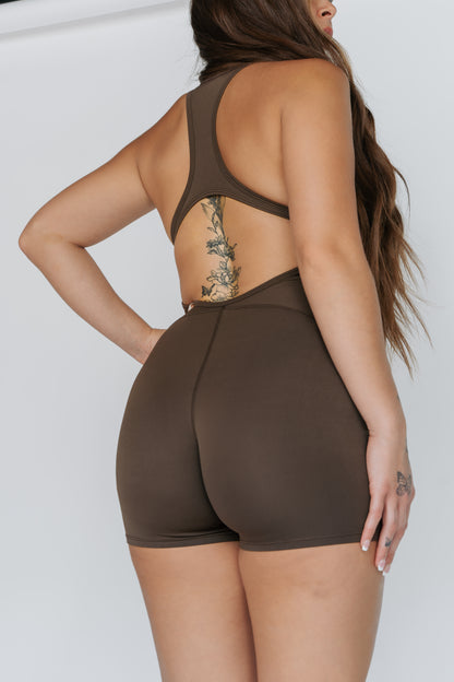 sweat societee back of malibu romper in dune color 
