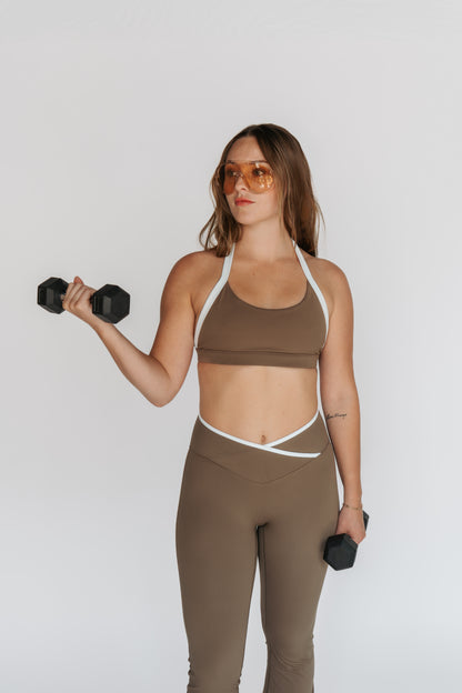 sweat societee castle halter bra and castle flare pant in sand color